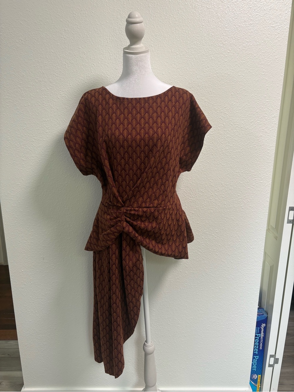 Zara Brown Patterned Knot-Detail Tunic